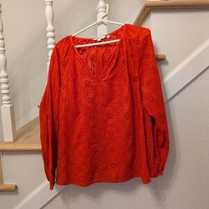 Boden - Women's Red-Orange Eyelet Long-Sleeve Blouse - Size 12 - Cotton